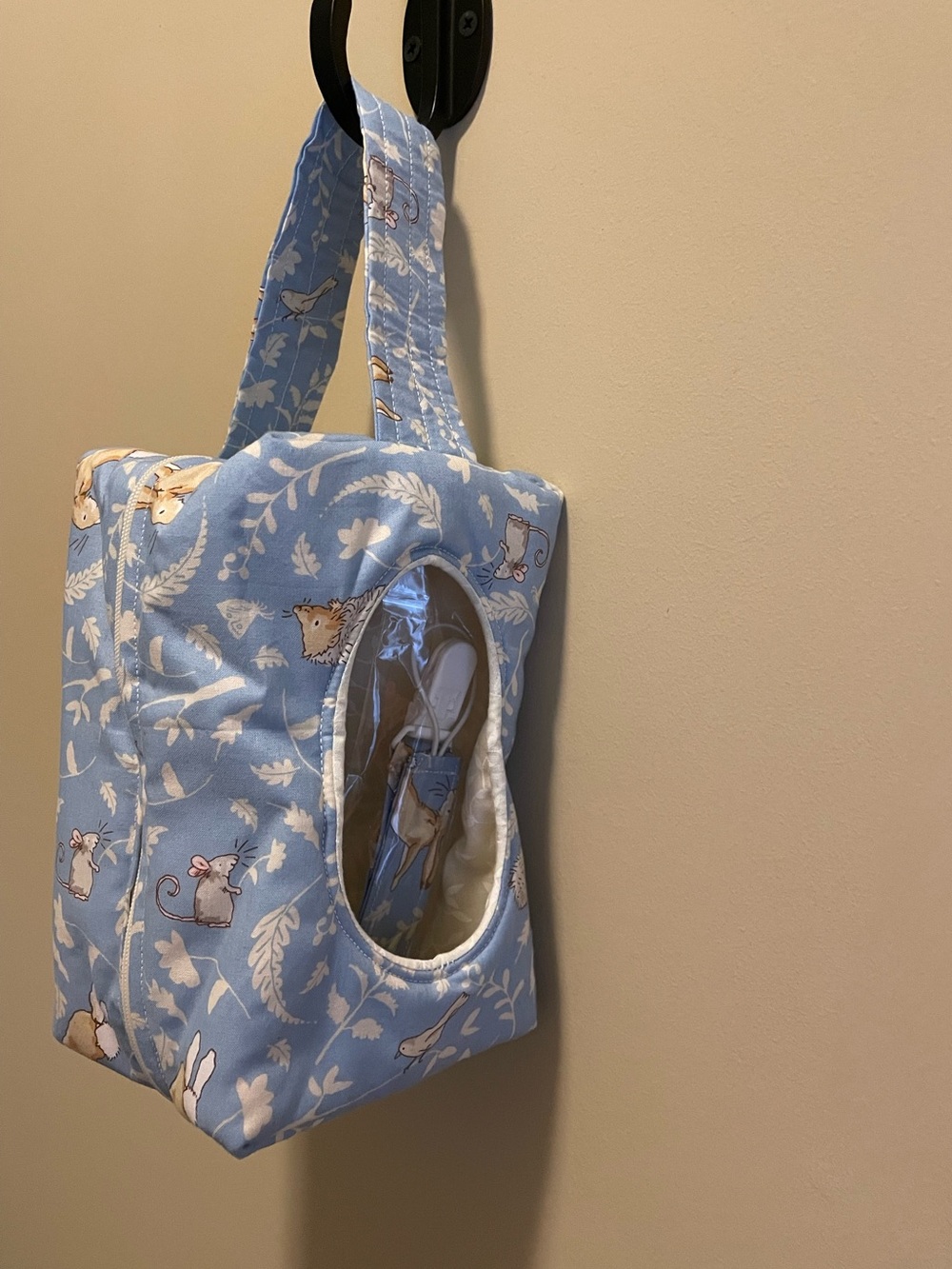 Hand Crafted Light Blue zippered diaper/wipe tote with matching Pacifier Clip